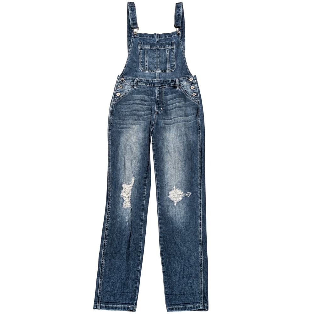 KanCan Overalls Women M Blue KC5088D Distressed Denim Straight Leg Medium Wash